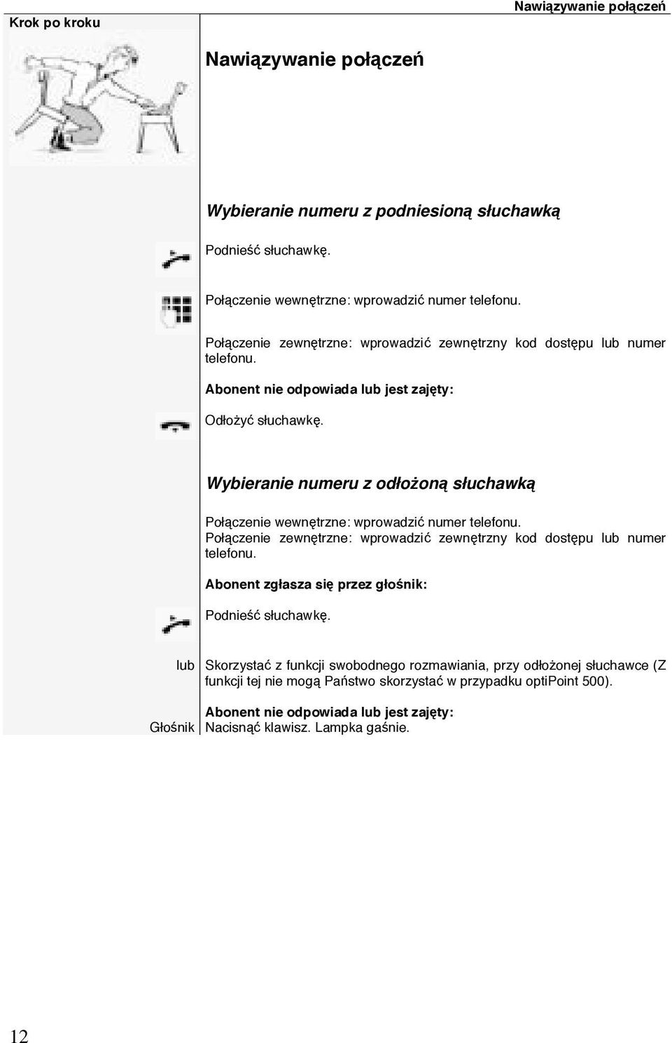 Wybieranie numeru z odłożoną słuchawką Połączenie wewnętrzne: wprowadzić numer telefonu. Połączenie zewnętrzne: wprowadzić zewnętrzny kod dostępu numer telefonu.