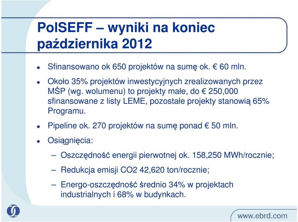 wolumenu) to projekty małe, do 250,000 sfinansowane z listy LEME, pozostałe projekty stanowią 65% Programu. Pipeline ok.