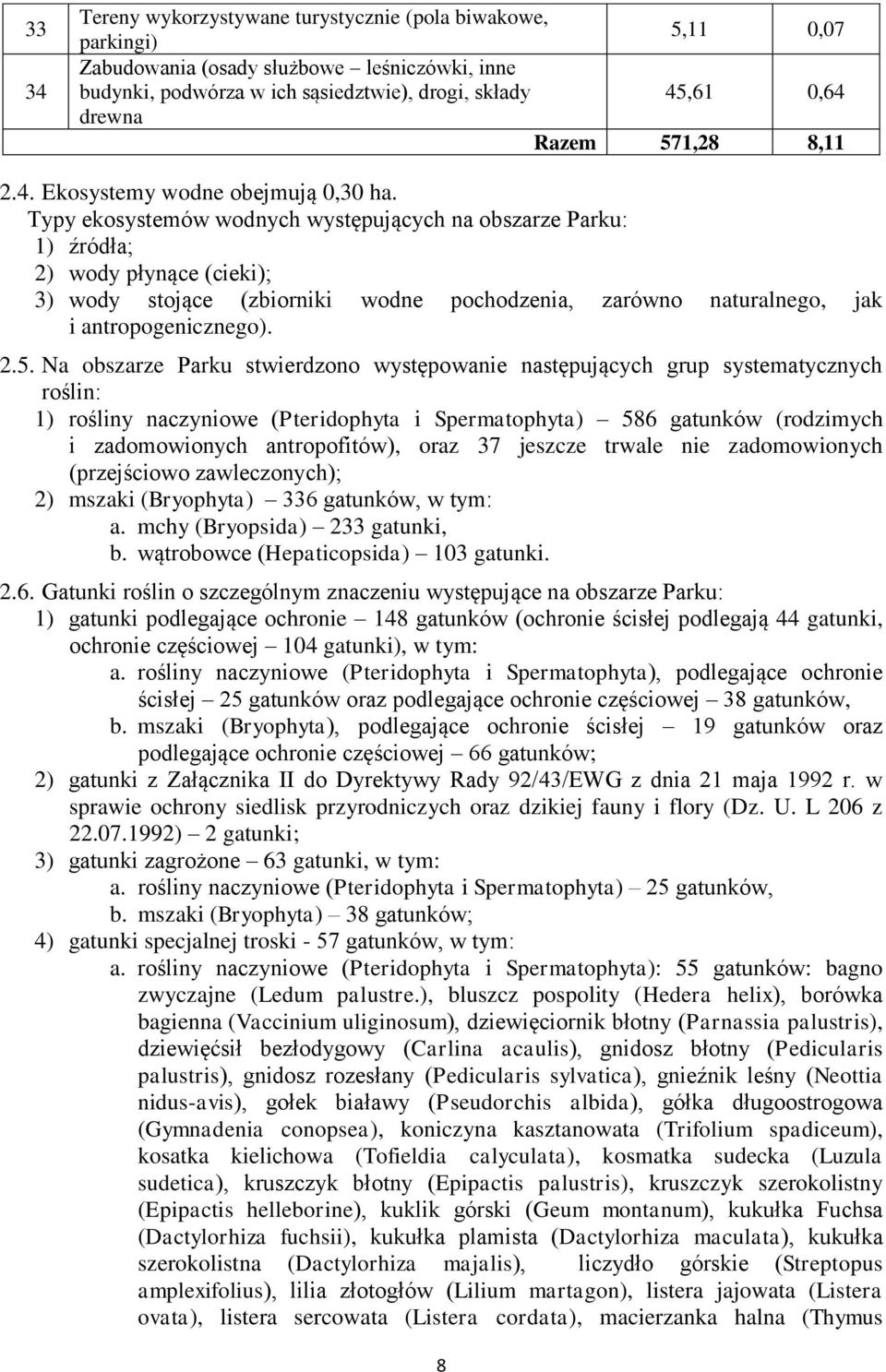Typy ekosystemów wodnych występujących na obszarze Parku: 1) źródła; 2) wody płynące (cieki); 3) wody stojące (zbiorniki wodne pochodzenia, zarówno naturalnego, jak i antropogenicznego). 2.5.