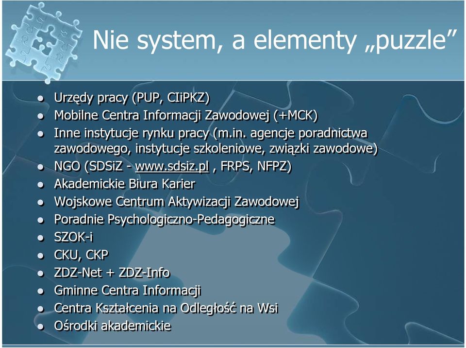 pl, FRPS, NFPZ) Akademickie Biura Karier Wojskowe Centrum Aktywizacji Zawodowej Poradnie Psychologiczno-Pedagogiczne