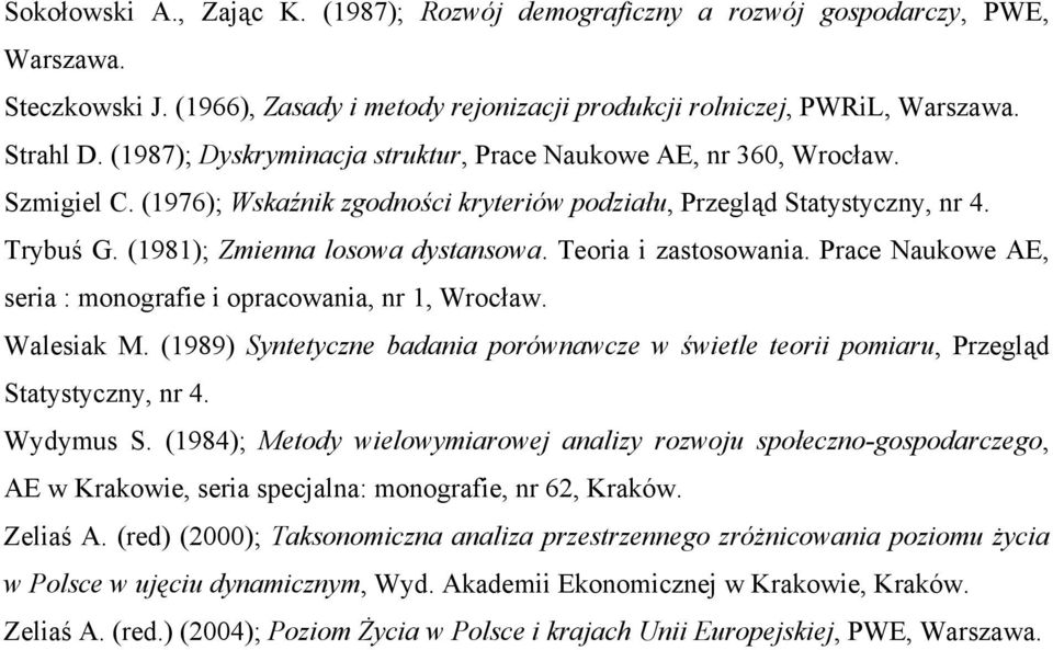 Teoria i zastosowania. Prace Naukowe AE, seria : monografie i opracowania, nr 1, Wrocław. Walesiak M. (1989) Syntetyczne badania porównawcze w świetle teorii pomiaru, Przegląd Statystyczny, nr 4.