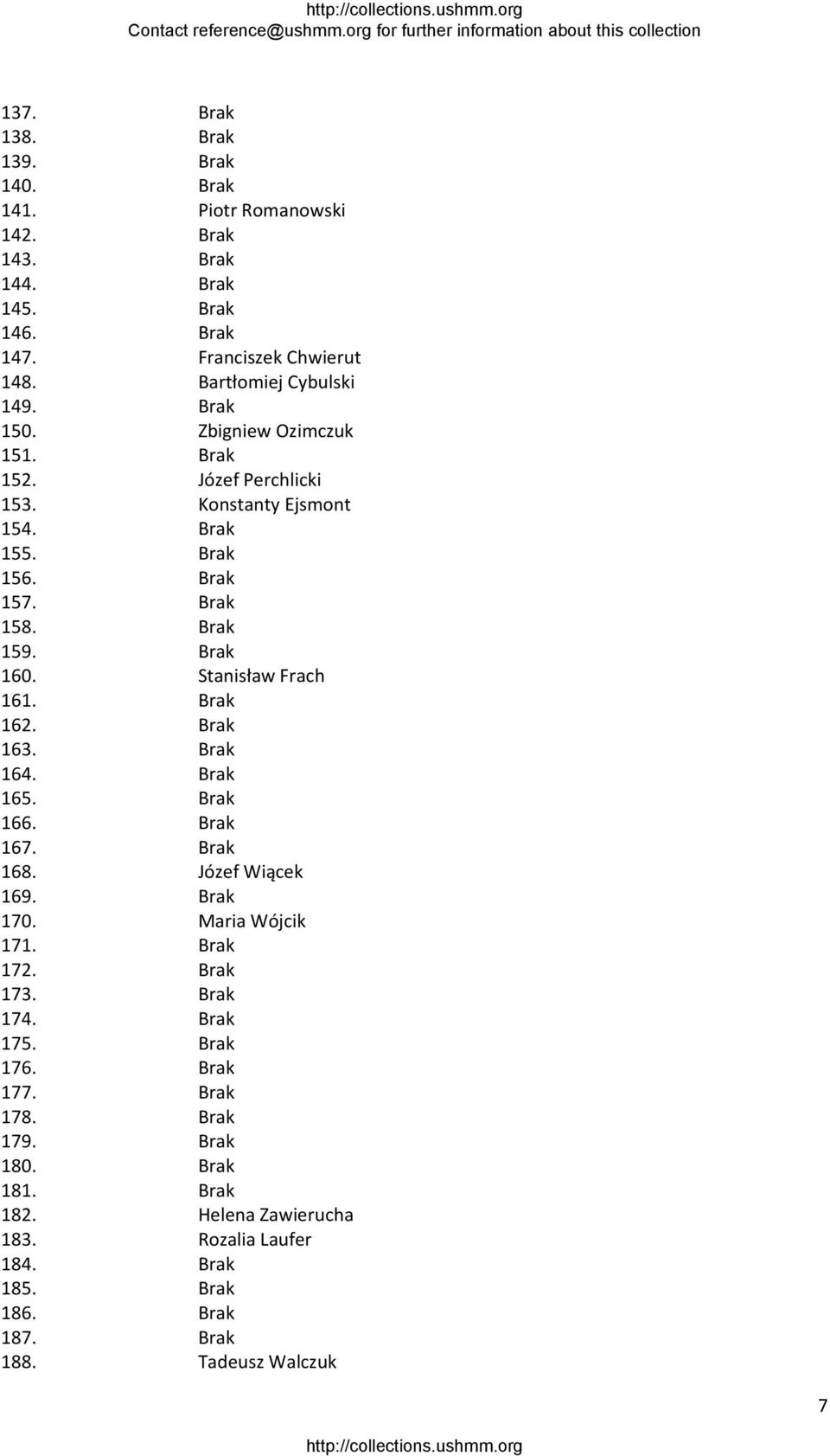 Stanisław Frach 161. Brak 162. Brak 163. Brak 164. Brak 165. Brak 166. Brak 167. Brak 168. Józef Wiącek 169. Brak 170. Maria Wójcik 171. Brak 172. Brak 173. Brak 174.