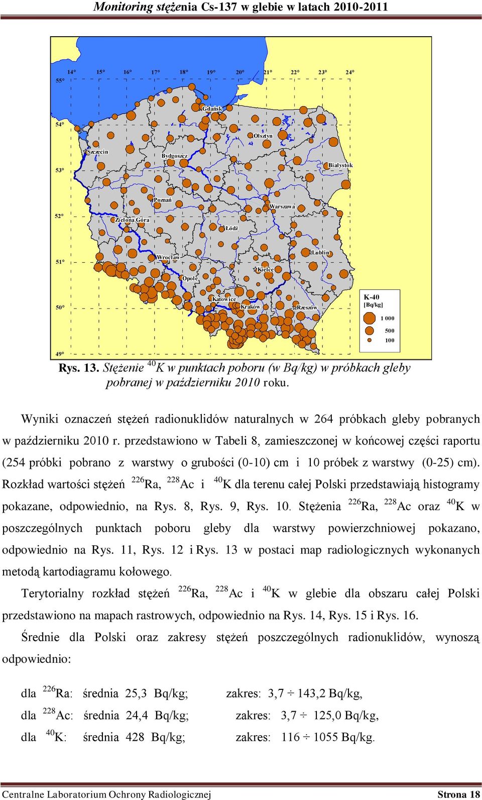 Wyniki oznaczeń stężeń radionuklidów naturalnych w 264 próbkach gleby pobranych w październiku 2010 r.