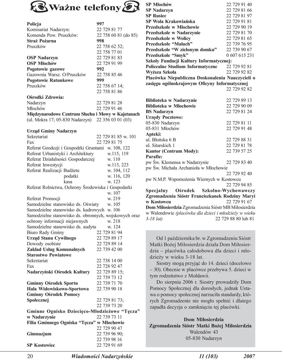 O/Pruszków 22 758 85 46 Pogotowie Ratunkowe 999 Pruszków 22 758 67 14; 22 758 81 86 Oœrodki Zdrowia: Nadarzyn 22 729 81 28 M³ochów 22 729 91 46 Miêdzynarodowe Centrum S³uchu i Mowy w Kajetanach (ul.