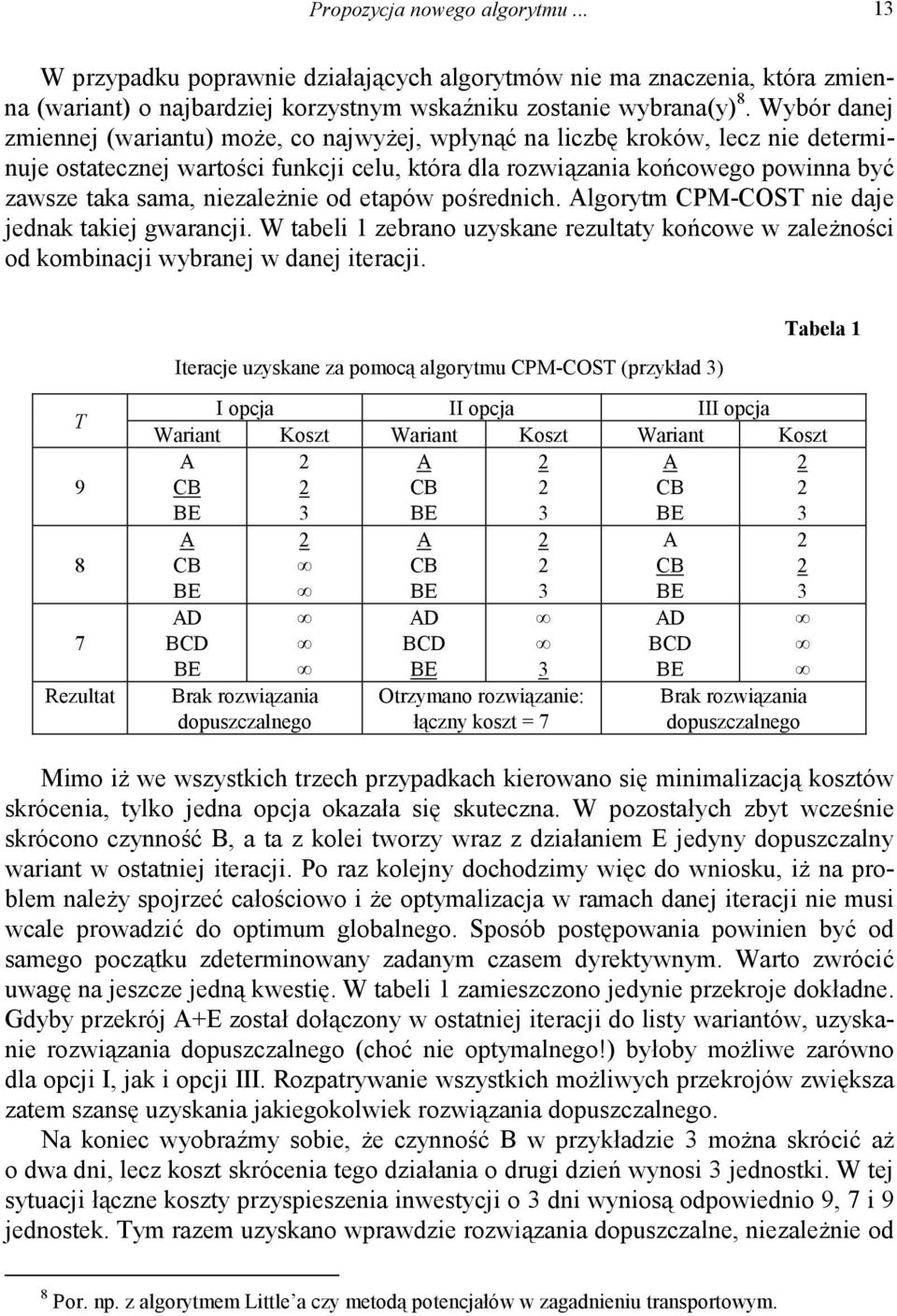 niezależnie od etapów pośrednich. Algorytm CPM-COST nie daje jedna taiej gwarancji. W tabeli 1 zebrano uzysane rezultaty ońcowe w zależności od ombinacji wybranej w danej iteracji.