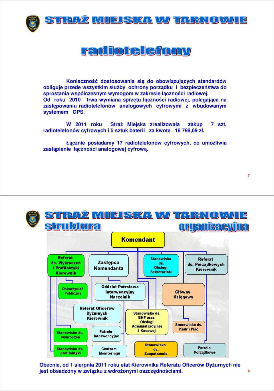 W 2 roku StraŜ Miejska zrealizowała zakup 7 szt. radiotelefonów cyfrowych i 5 sztuk baterii za kwotę 8 798,9 zł.