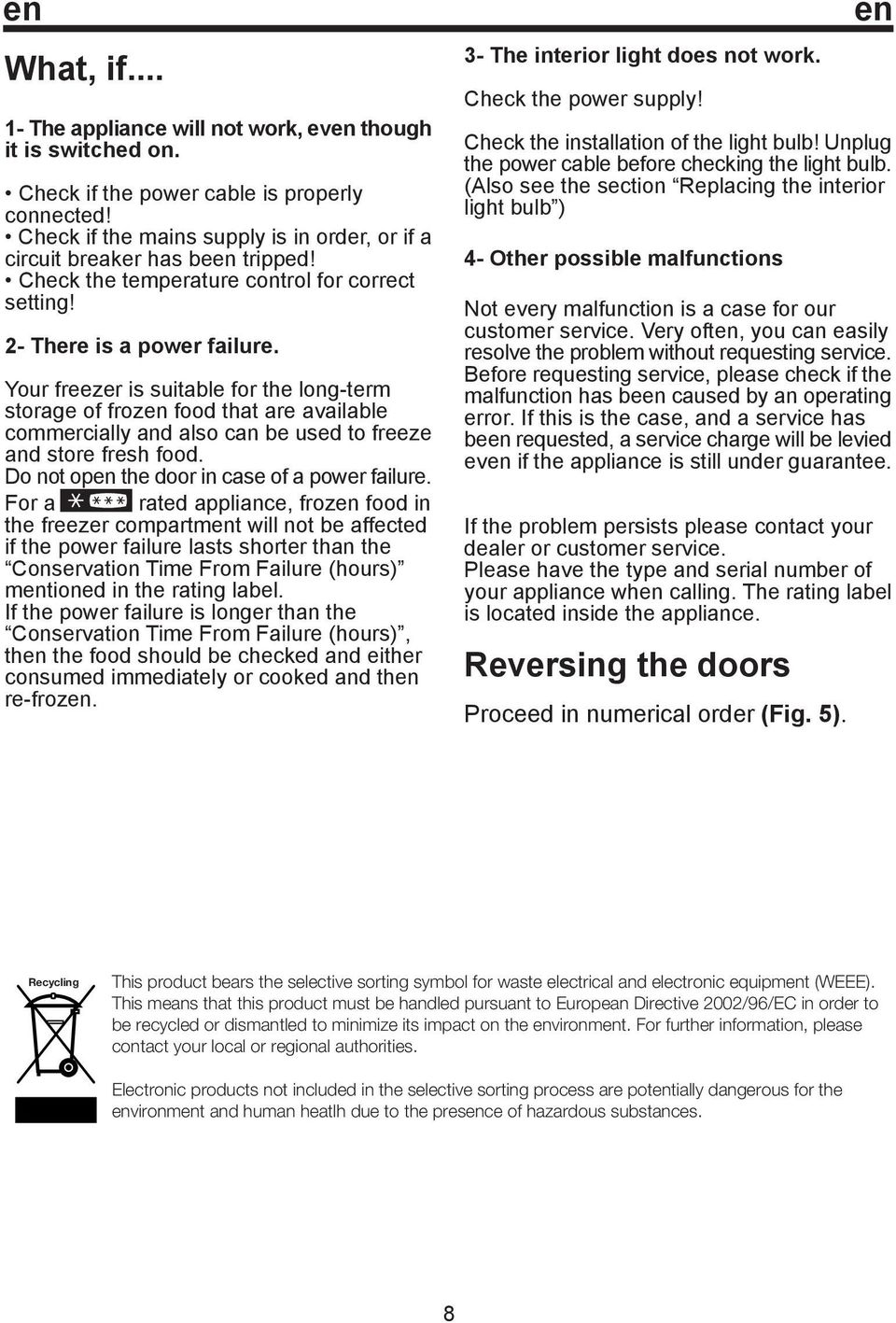 Your freezer is suitable for the long-term storage of frozen food that are available commercially and also can be used to freeze and store fresh food. Do not open the door in case of a power failure.