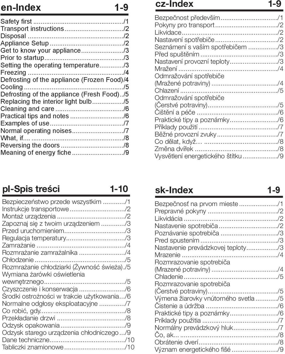 ../6 Examples of use.../7 Normal operating noises.../7 What, if....../8 Reversing the doors.../8 Meaning of energy fiche.../9 cz-index 1-9 Bezpečnost především.../1 Pokyny pro transport.../2 Likvidace.
