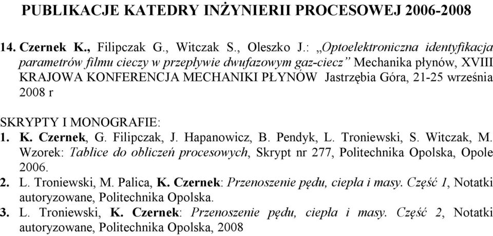 21-25 września 2008 r SKRYPTY I MONOGRAFIE: 1. K. Czernek, G. Filipczak, J. Hapanowicz, B. Pendyk, L. Troniewski, S. Witczak, M.