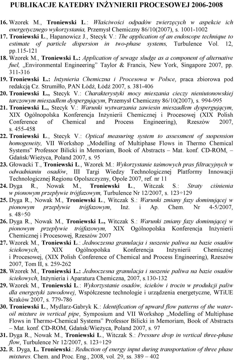 : Application of sewage sludge as a component of alternative fuel, Environmental Engineering Taylor & Francis, New York, Singapore 2007, pp. 311-316 19. Troniewski L.