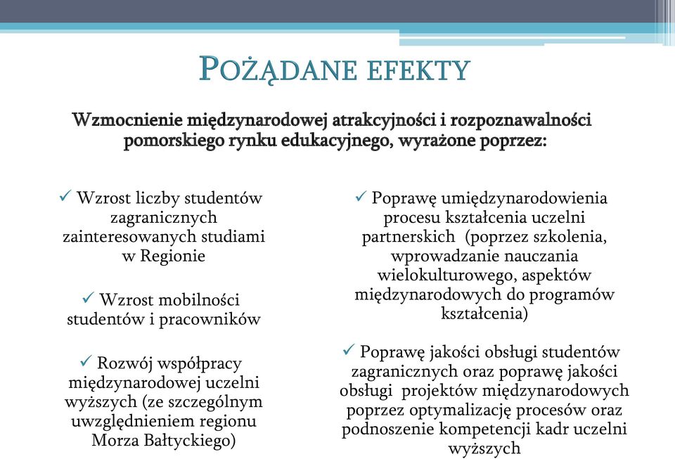 umiędzynarodowienia procesu kształcenia uczelni partnerskich (poprzez szkolenia, wprowadzanie nauczania wielokulturowego, aspektów międzynarodowych do programów kształcenia)