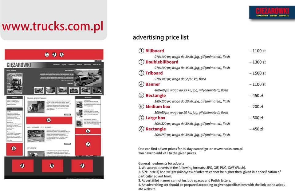 (animated), flash 3 Triboard 1500 zł 970x300 px, waga do 55/65 kb, flash 4 Banner 1100 zł 468x60 px, waga do 25 kb, jpg, gif (animated), flash 5 Rectangle 450 zł 180x150 px, waga do 20 kb, jpg, gif