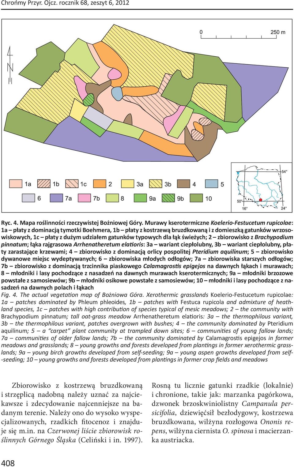 typowych dla łąk świeżych; 2 zbiorowisko z Brachypodium pinnatum; łąka rajgrasowa Arrhenatheretum ela oris: 3a wariant ciepłolubny, 3b wariant ciepłolubny, płaty zarastające krzewami; 4 zbiorowisko z