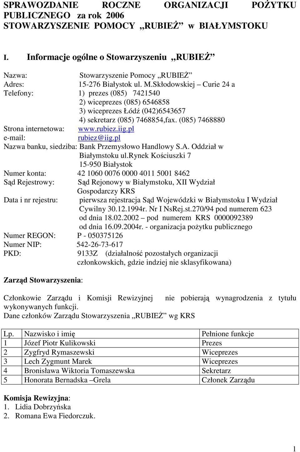 Skłodowskiej Curie 24 a Telefony: 1) prezes (085) 7421540 2) wiceprezes (085) 6546858 3) wiceprezes Łódź (042)6543657 4) sekretarz (085) 7468854,fax. (085) 7468880 Strona internetowa: www.rubiez.iig.