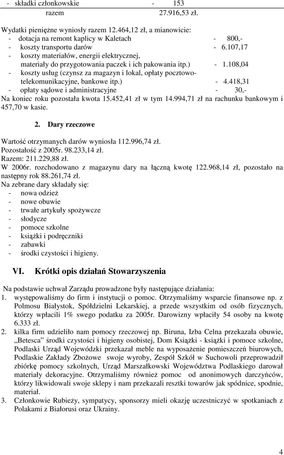 108,04 - koszty usług (czynsz za magazyn i lokal, opłaty pocztowotelekomunikacyjne, bankowe itp.) - 4.418,31 - opłaty sądowe i administracyjne - 30,- Na koniec roku pozostała kwota 15.