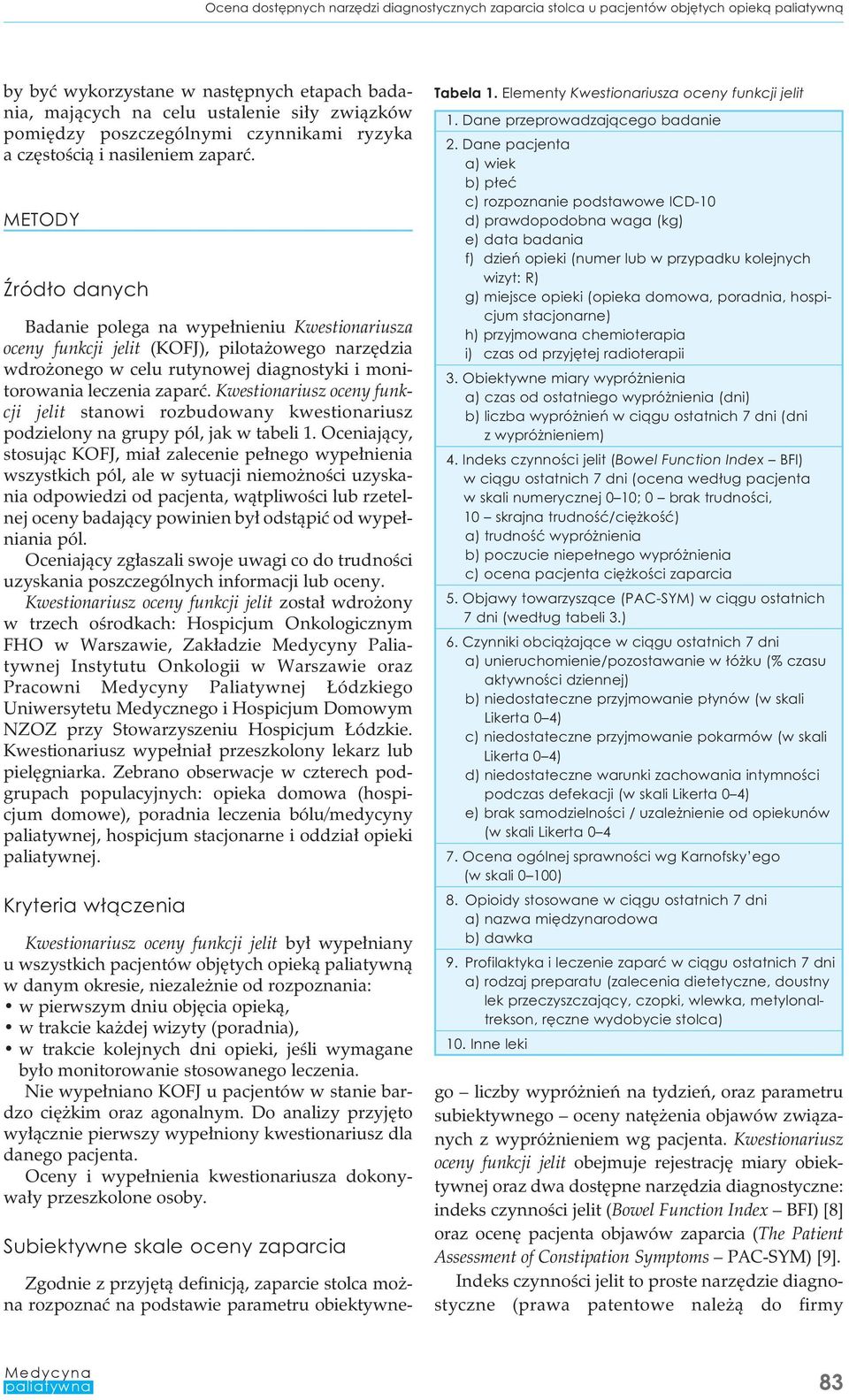 METODY Źródło danych Badanie polega na wypełnieniu Kwestionariusza oceny funkcji jelit (KOFJ), pilotażowego narzędzia wdrożonego w celu rutynowej diagnostyki i monitorowania leczenia zaparć.