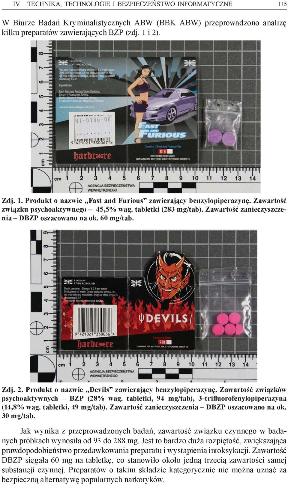 Zawartość związków psychoaktywnych BZP (28% wag. tabletki, 94 mg/tab), 3-trifluorofenylopiperazyna (14,8% wag. tabletki, 49 mg/tab). Zawartość zanieczyszczenia DBZP oszacowano na ok. 30 mg/tab.