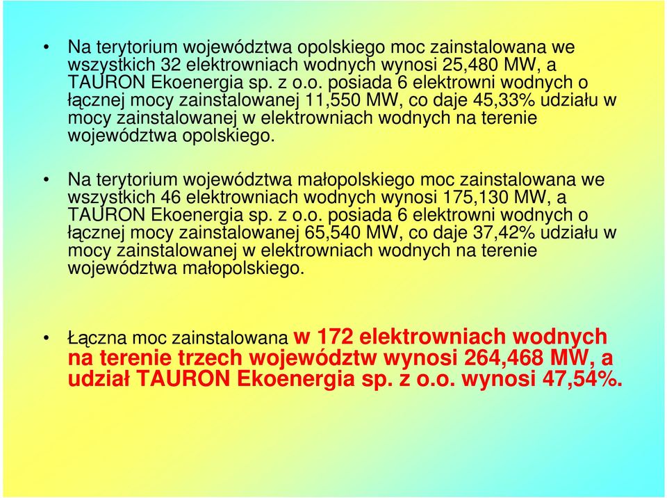 Łączna moc zainstalowana w 172 elektrowniach wodnych na terenie trzech województw wynosi 264,468 MW, a udział TAURON Ekoenergia sp. z o.o. wynosi 47,54%.