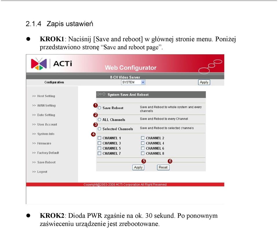 Poniżej przedstawiono stronę Save and reboot page.