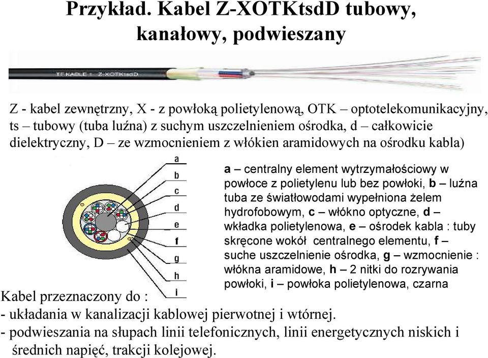 dielektryczny, D ze wzmocnieniem z włókien aramidowych na ośrodku kabla) a centralny element wytrzymałościowy w powłoce z polietylenu lub bez powłoki, b luźna tuba ze światłowodami wypełniona żelem