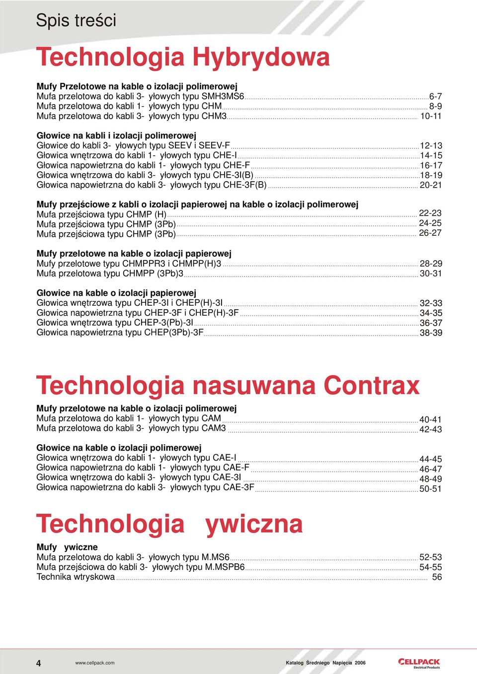 typu CHE-F Głowica wnętrzowa do kabli 3-żyłowych typu CHE-3I(B) Głowica napowietrzna do kabli 3-żyłowych typu CHE-3F(B) Mufy przejściowe z kabli o izolacji papierowej na kable o izolacji polimerowej