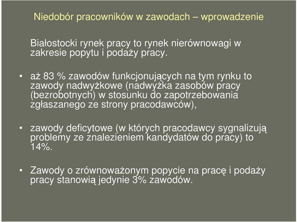 aż 83 % zawodów funkcjonujących na tym rynku to zawody nadwyżkowe (nadwyżka zasobów pracy (bezrobotnych) w stosunku do