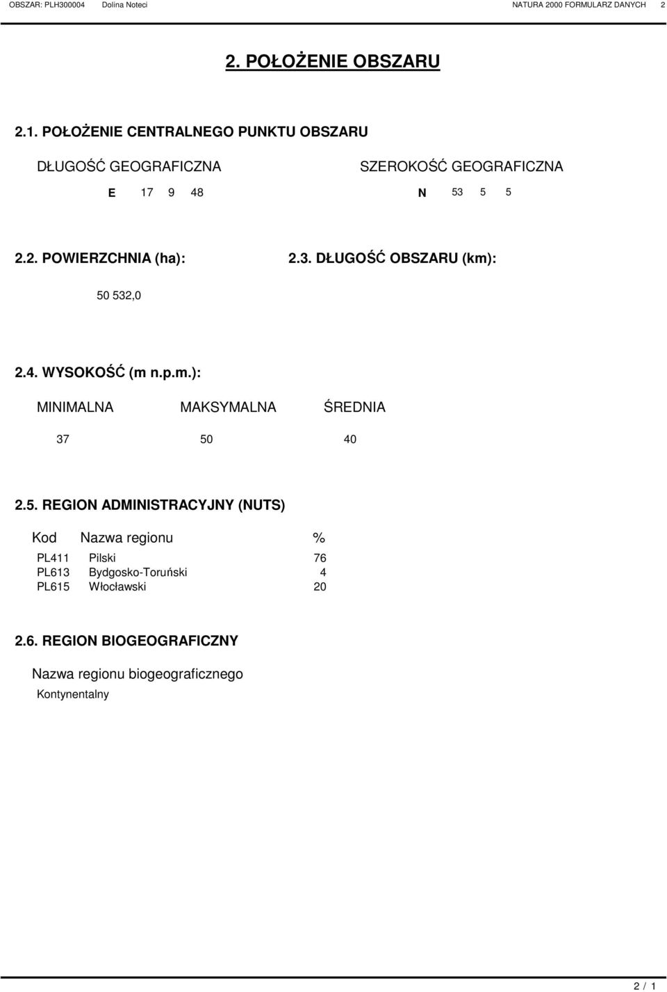 2. POWIERZHNIA (ha): 2.3. DŁUGOŚĆ OBSZARU (km): 5 532, 2.4. WYSOKOŚĆ (m n.p.m.): MINIMALNA MAKSYMALNA ŚREDNIA 37 5 4 2.