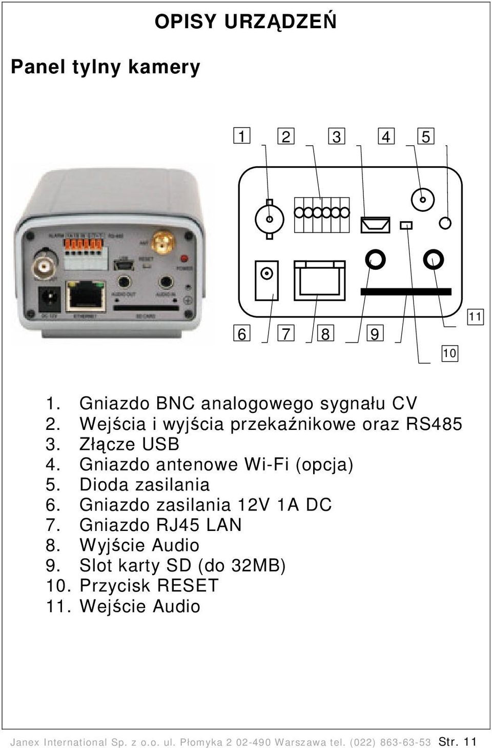 Dioda zasilania 6. Gniazdo zasilania 12V 1A DC 7. Gniazdo RJ45 LAN 8. Wyjście Audio 9.