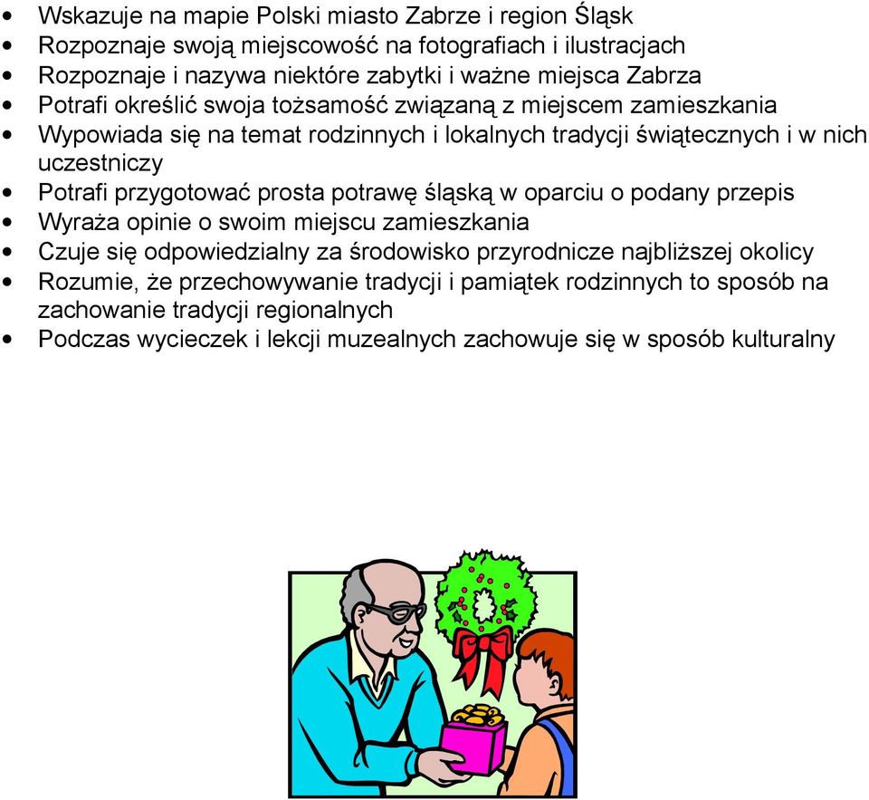 przygotować prosta potrawę śląską w oparciu o podany przepis Wyraża opinie o swoim miejscu zamieszkania Czuje się odpowiedzialny za środowisko przyrodnicze najbliższej