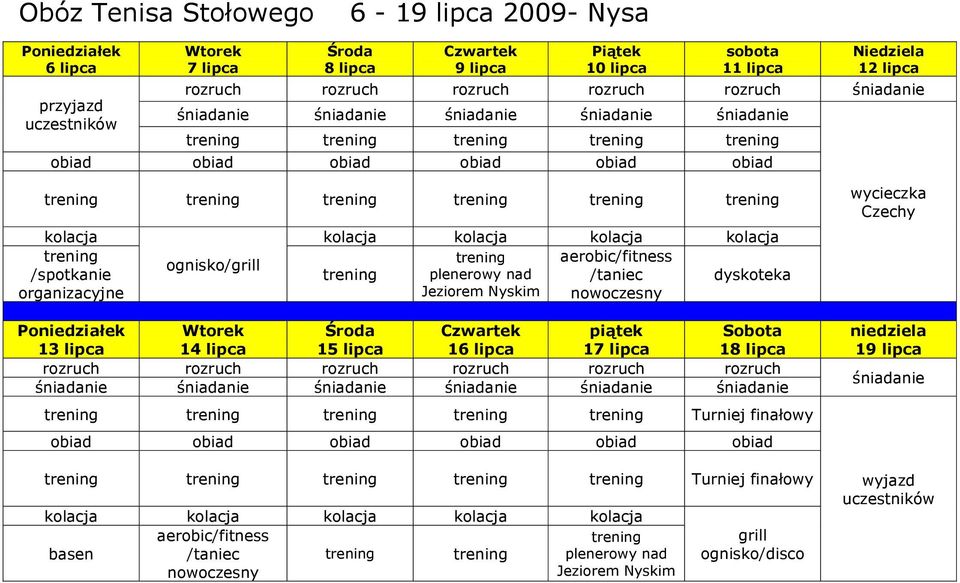 trening kolacja trening /spotkanie organizacyjne ognisko/grill kolacja kolacja kolacja kolacja trening aerobic/fitness trening plenerowy nad /taniec dyskoteka Jeziorem Nyskim nowoczesny Poniedziałek