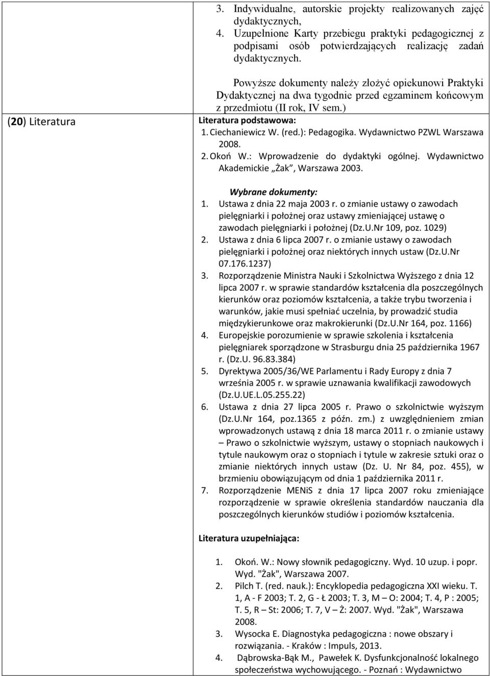 (red.): Pedagogika. Wydawnictwo PZWL Warszawa 2008. 2. Okoń W.: Wprowadzenie do dydaktyki ogólnej. Wydawnictwo Akademickie Żak, Warszawa 2003. Wybrane dokumenty: 1. Ustawa z dnia 22 maja 2003 r.