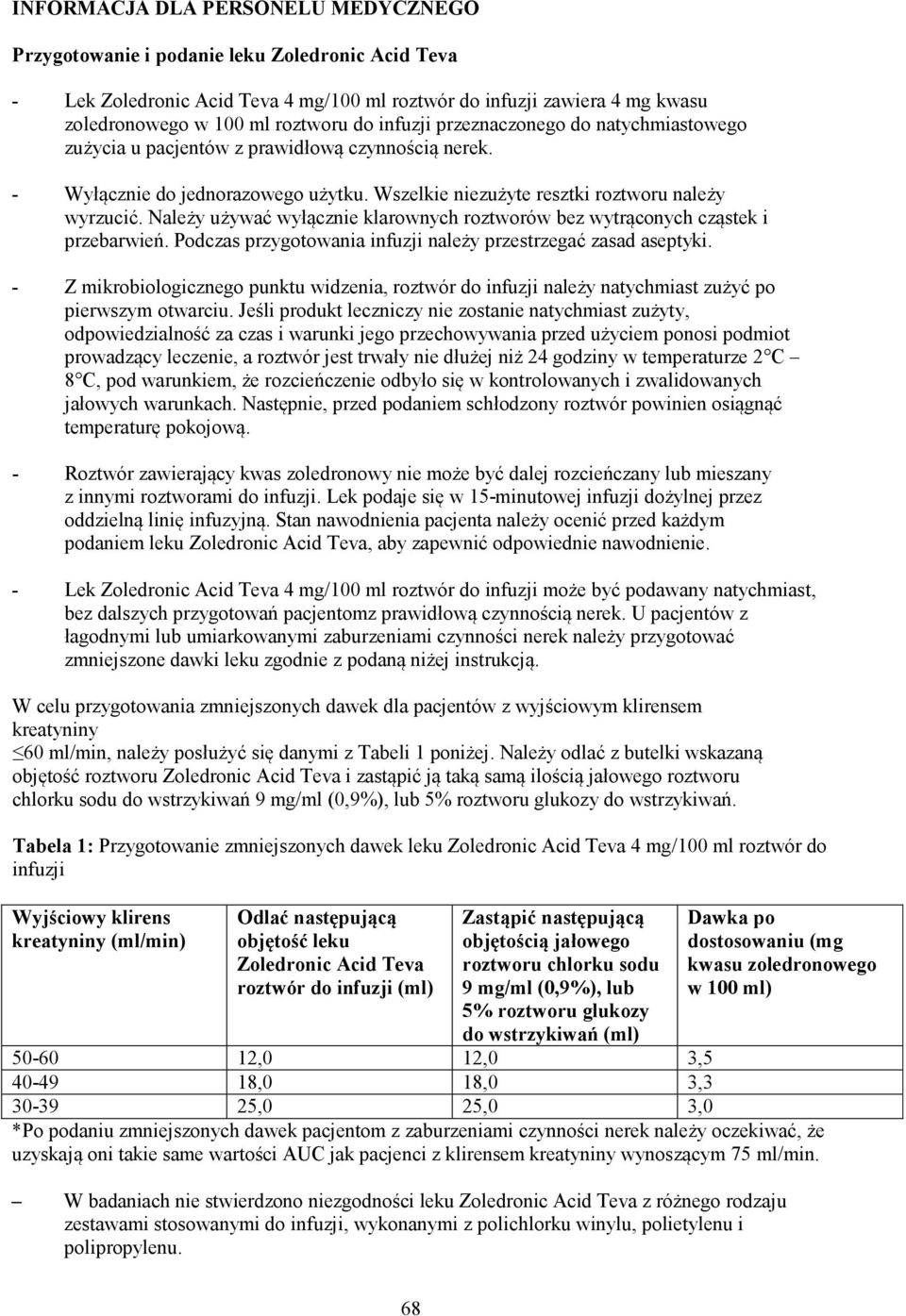 Należy używać wyłącznie klarownych roztworów bez wytrąconych cząstek i przebarwień. Podczas przygotowania infuzji należy przestrzegać zasad aseptyki.