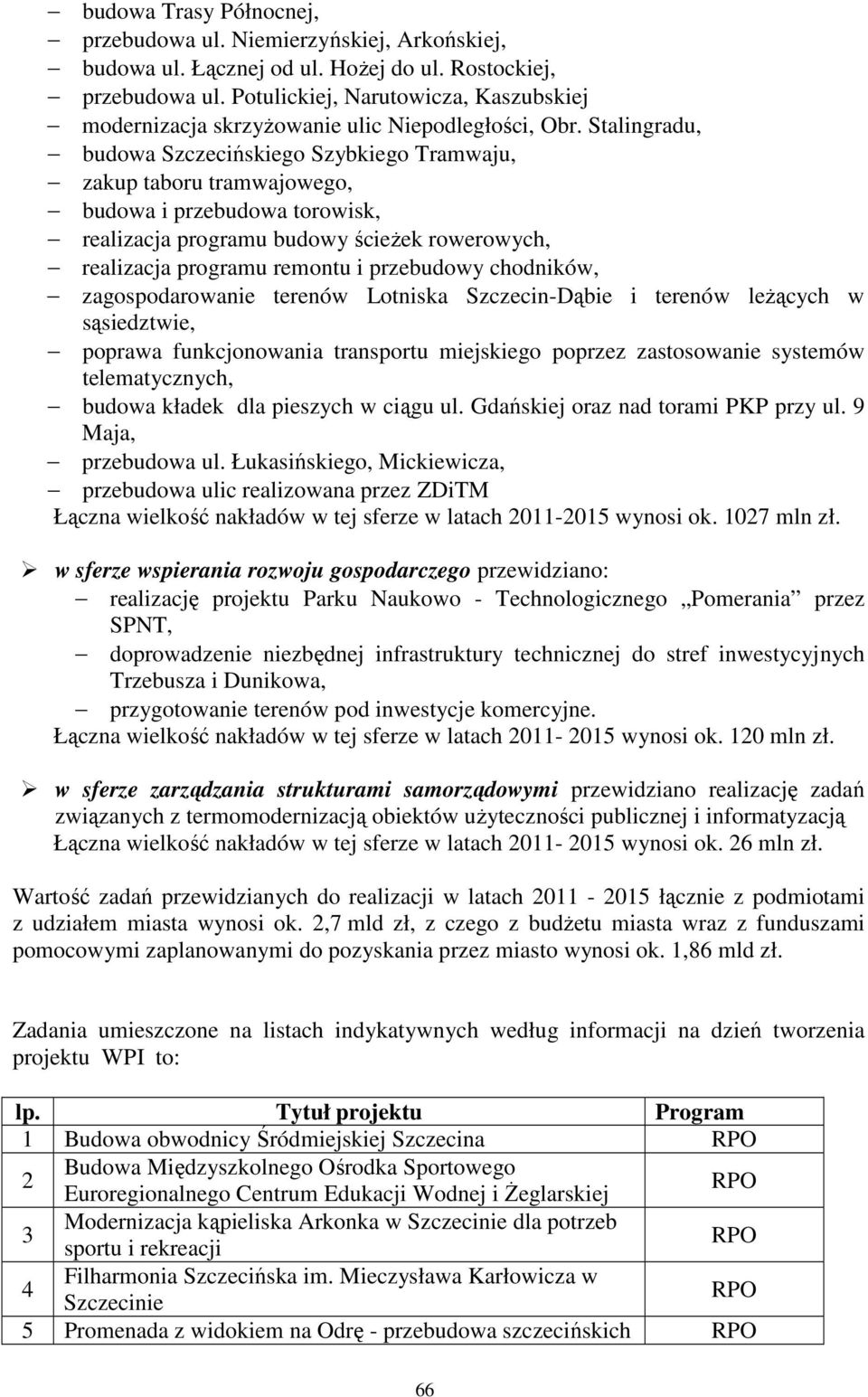 Stalingradu, budowa Szczecińskiego Szybkiego Tramwaju, zakup taboru tramwajowego, budowa i przebudowa torowisk, realizacja programu budowy ścieŝek rowerowych, realizacja programu remontu i przebudowy