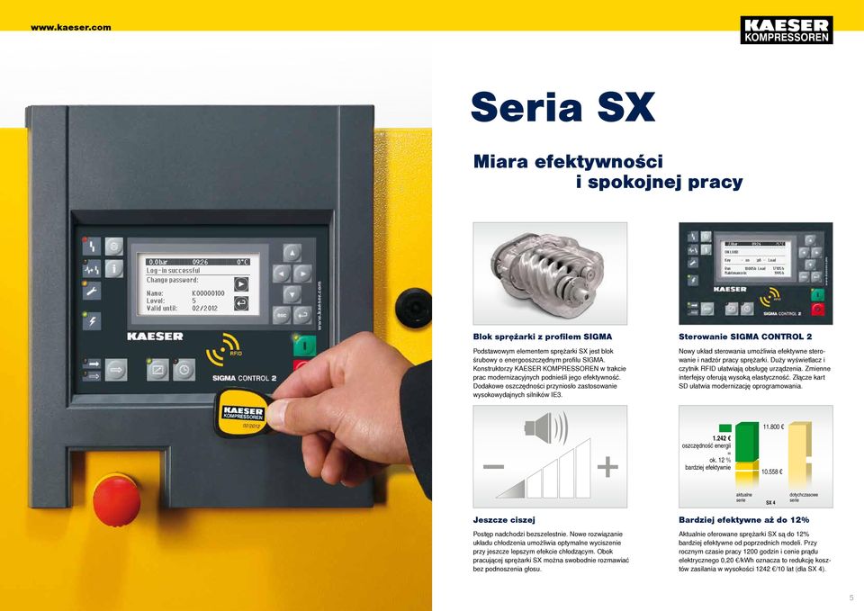 Dodakowe oszczędności przyniosło zastosowanie wysokowydajnych silników IE3. Sterowanie SIGMA CONTROL 2 Nowy układ sterowania umożliwia efektywne sterowanie i nadzór pracy sprężarki.