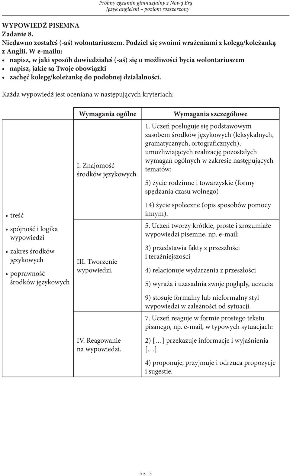 Każda wypowiedź jest oceniana w następujących kryteriach: treść spójność i logika wypowiedzi zakres środków językowych poprawność środków językowych Wymagania ogólne I. Znajomość środków językowych.