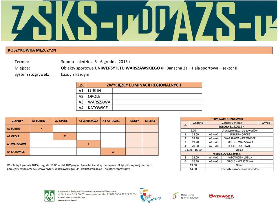 WARSZAWA A4 KATOWICE PUNKTY MIEJSCE A1 LUBLIN X A2 OPOLE X A3 WARSZAWA X A4 KATOWICE X 1 18.