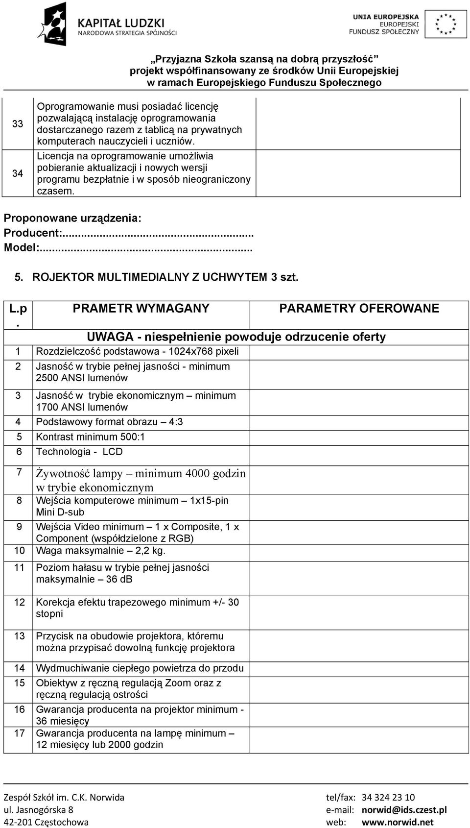 ROJEKTOR MULTIMEDIALNY Z UCHWYTEM 3 szt. L.p PRAMETR WYMAGANY PARAMETRY OFEROWANE.