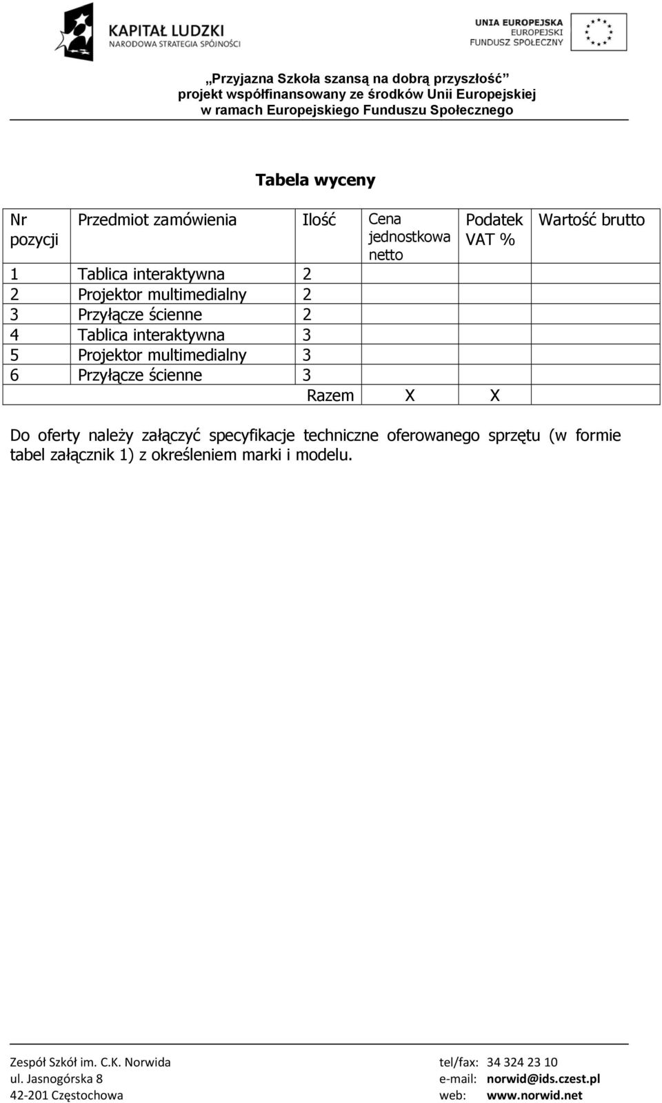 5 Projektor multimedialny 3 6 Przyłącze ścienne 3 Razem X X Wartość brutto Do oferty należy