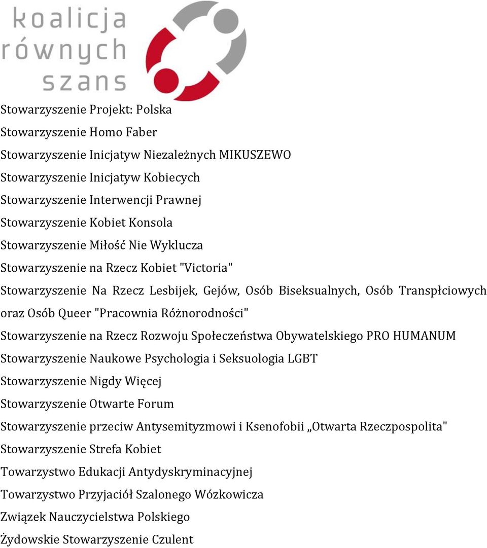 Różnorodności" Stowarzyszenie na Rzecz Rozwoju Społeczeństwa Obywatelskiego PRO HUMANUM Stowarzyszenie Naukowe Psychologia i Seksuologia LGBT Stowarzyszenie Nigdy Więcej Stowarzyszenie Otwarte Forum