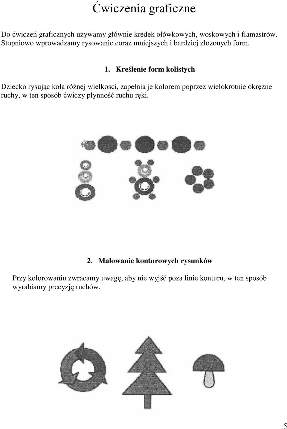 Kreślenie form kolistych Dziecko rysując koła różnej wielkości, zapełnia je kolorem poprzez wielokrotnie okrężne ruchy,