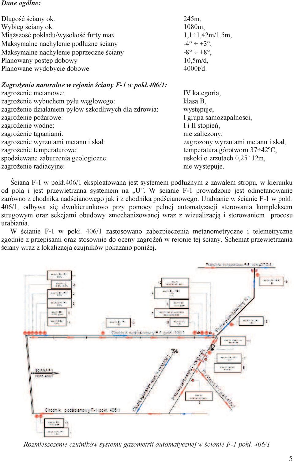 wydobycie dobowe 4t/d. Zagrożenia naturalne w rejonie ściany F-1 w pokł.