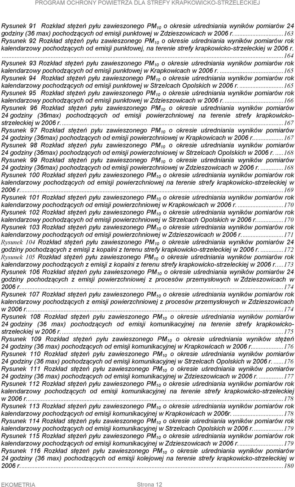 ... 164 Rysunek 93 Rozkład stężeń pyłu zawieszonego PM 10 o okresie uśredniania wyników pomiarów rok kalendarzowy pochodzących od emisji punktowej w Krapkowicach w 2006 r.