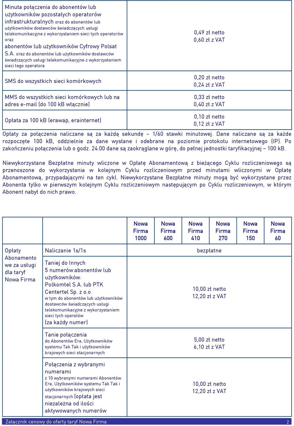 oraz do abonentów lub użytkowników dostawców świadczących usługi telekomunikacyjne z wykorzystaniem sieci tego operatora SMS do wszystkich sieci komórkowych MMS do wszystkich sieci komórkowych lub na