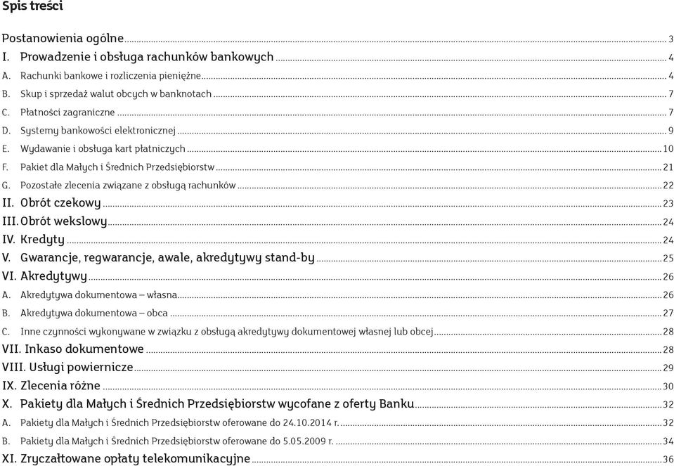 Pozostałe zlecenia związane z obsługą rachunków...22 II. Obrót czekowy...23 III. Obrót wekslowy...24 IV. Kredyty...24 V. Gwarancje, regwarancje, awale, akredytywy stand-by...25 VI. Akredytywy...26 A.