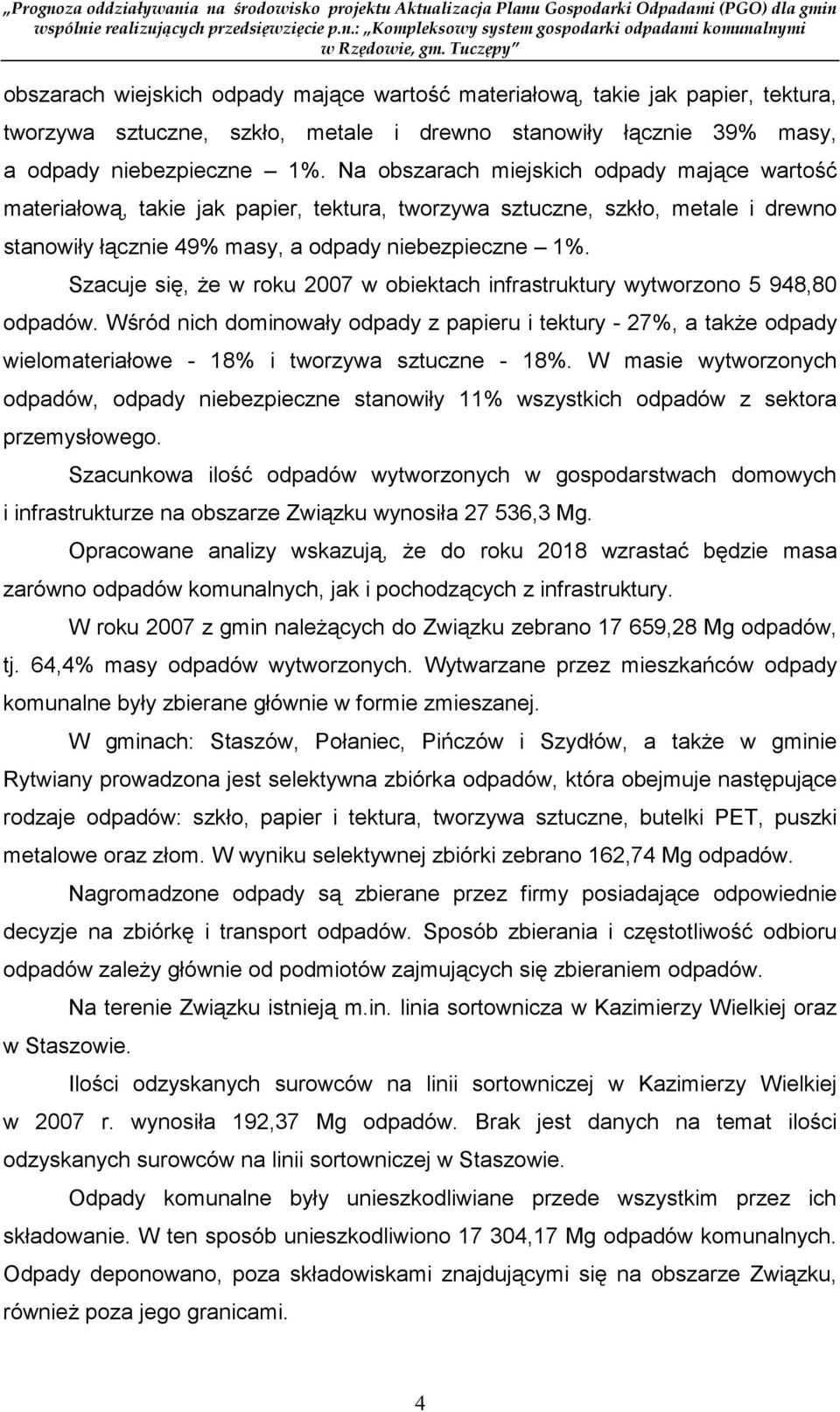 Szacuje się, Ŝe w roku 2007 w obiektach infrastruktury wytworzono 5 948,80 odpadów.