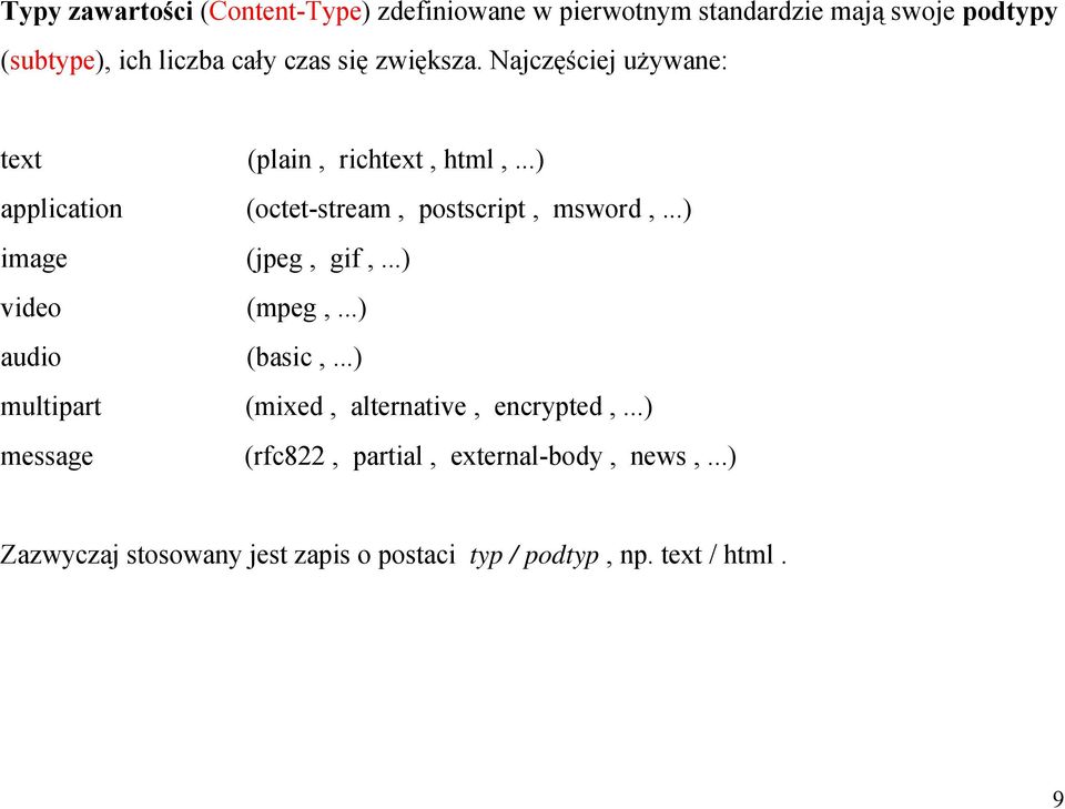 ..) application (octet-stream, postscript, msword,...) image (jpeg, gif,...) video (mpeg,...) audio (basic,.