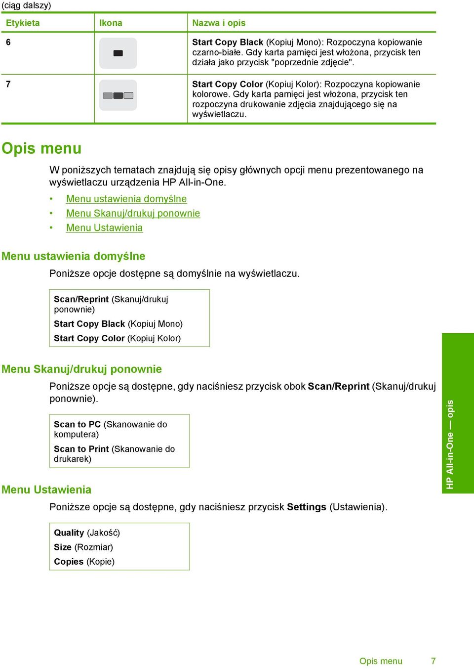 Opis menu W poniższych tematach znajdują się opisy głównych opcji menu prezentowanego na wyświetlaczu urządzenia HP All-in-One.