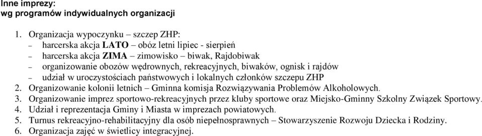 biwaków, ognisk i rajdów udział w uroczystościach państwowych i lokalnych członków szczepu ZHP 2. Organizowanie kolonii letnich Gminna komisja Rozwiązywania Problemów Alkoholowych. 3.