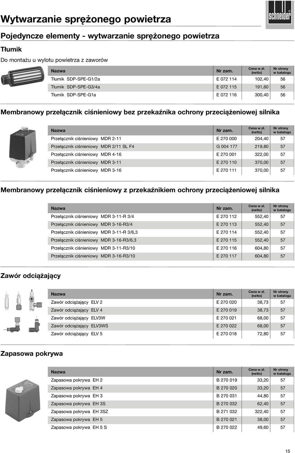 Przełącznik ciśnieniowy MDR 2/11 SL F4 G 004 177 219,80 57 Przełącznik ciśnieniowy MDR 4-16 E 270 001 322,00 57 Przełącznik ciśnieniowy MDR 3-11 E 270 110 370,00 57 Przełącznik ciśnieniowy MDR 3-16 E