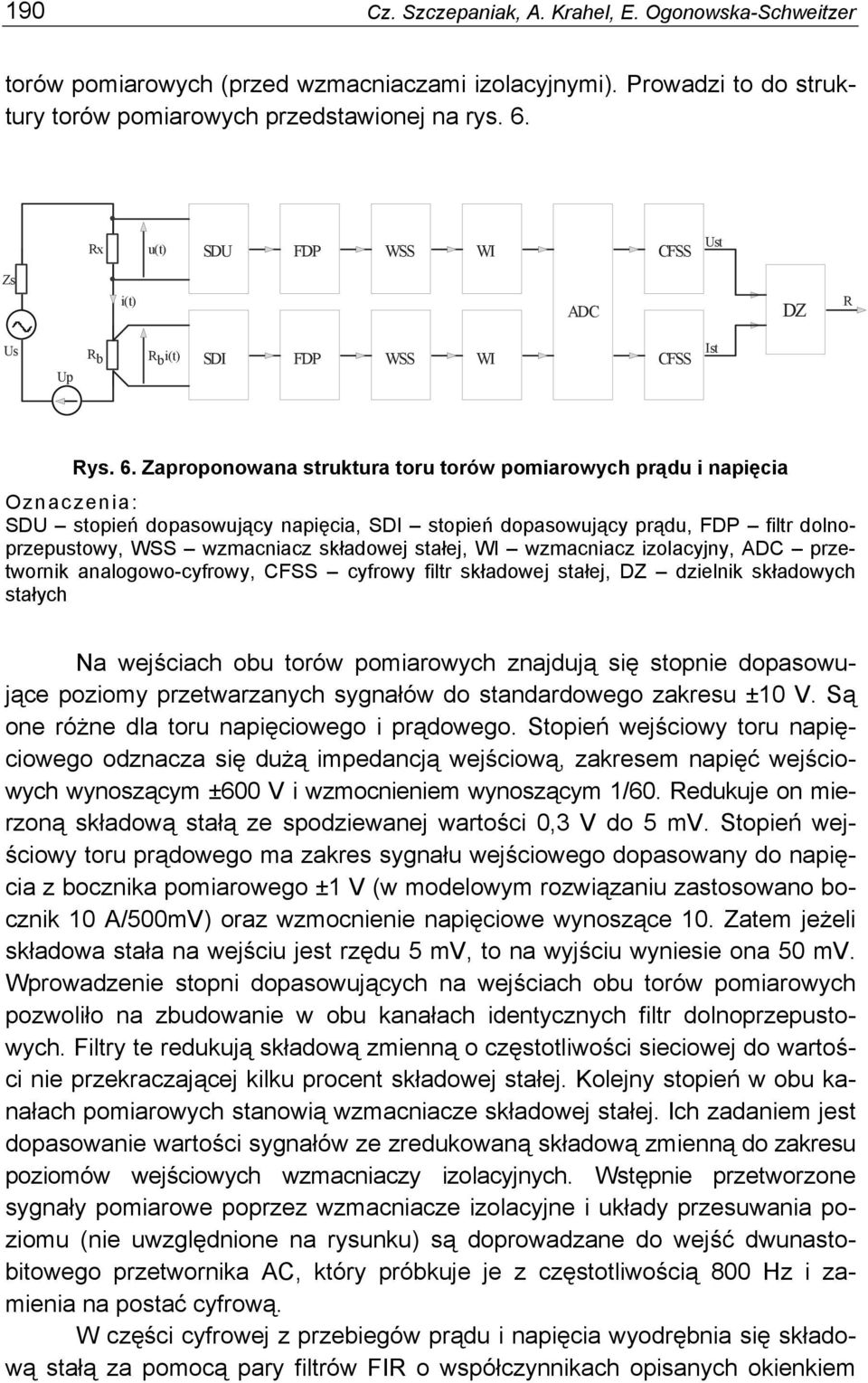 Zaproponowana struktura toru torów pomiarowych prądu i napięcia Oznaczenia: SDU stopień dopasowujący napięcia, SDI stopień dopasowujący prądu, FDP filtr dolnoprzepustowy, WSS wzmacniacz składowej